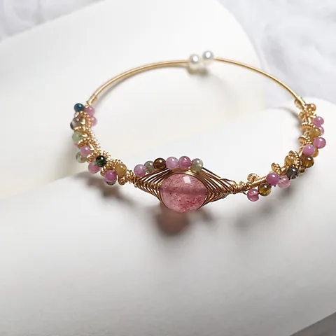 Handmade 14K Gold Filled Wire Wrapped Bracelet With Natural Strawberry Quartz Tourmaline Beads Artificial Pearls Bohemian Women Jewelry