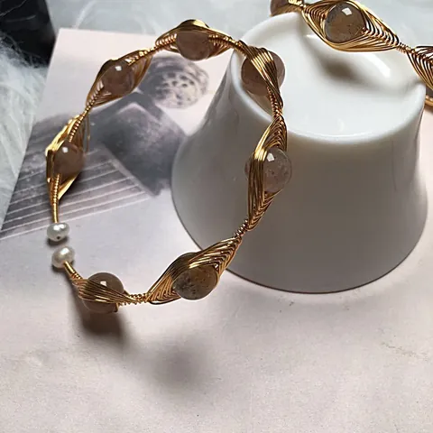 Handmade 14K Gold Filled Wire Wrapped Natural Crystal Freshwater Pearl Bangle Bracelet For Women Bohemian Adjustable Jewelry