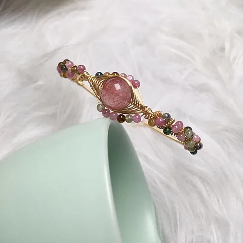 Handmade 14K Gold Filled Wire Wrapped Bracelet With Natural Strawberry Quartz Tourmaline Beads Artificial Pearls Bohemian Women Jewelry