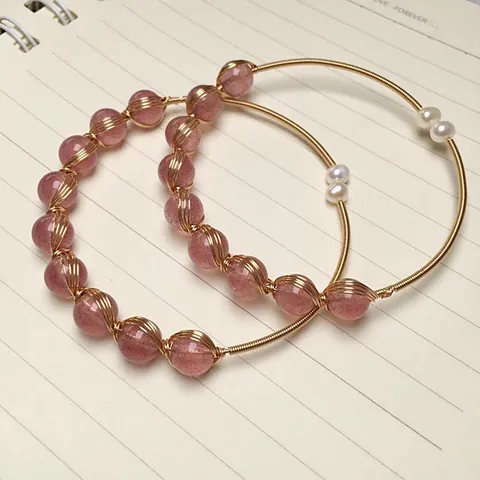Handmade 14K Gold Filled Wire Wrapped Natural Strawberry Quartz Bracelet With White Artificial Pearl Jewelry Gift For Women