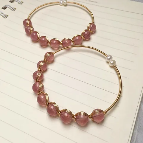 Handmade 14K Gold Filled Wire Wrapped Natural Strawberry Quartz Bracelet With White Artificial Pearl Jewelry Gift For Women