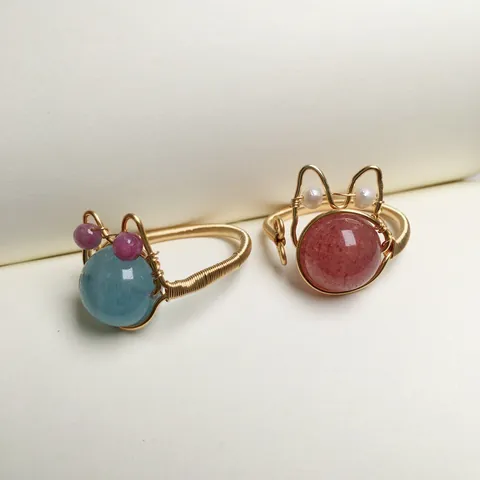 Handgefertigter 14K Goldgefüllter Drahtumwickelter Ring Natur Erdbeerquarz Aquamarin Künstliche Perle Süße Katzenohr Verstellbarer Offener Ring