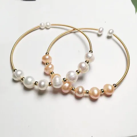 Handmade 14K Gold Filled Wire Wrapped Natural Freshwater Pearl Open Cuff Bracelet Elegant Women Jewelry For Wedding Gift Party
