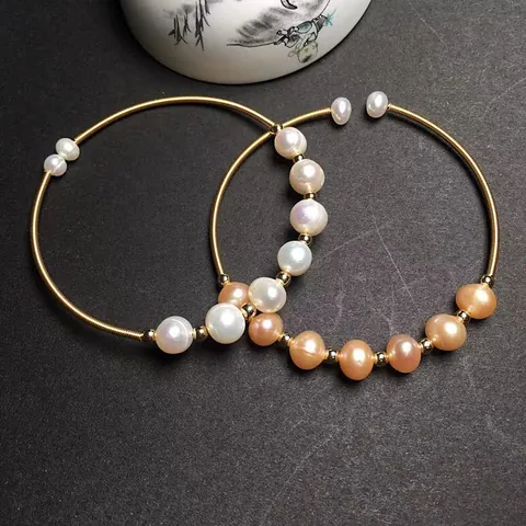 Handmade 14K Gold Filled Wire Wrapped Natural Freshwater Pearl Open Cuff Bracelet Elegant Women Jewelry For Wedding Gift Party