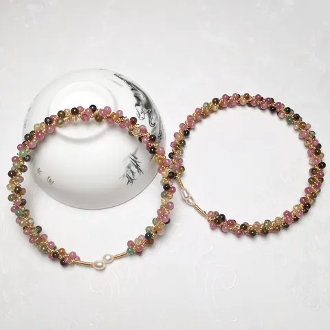 Multicolor Natural Tourmaline Beads Handmade 14K Gold Filled Woven Bangle Bracelet With Artificial Pearl For Women Jewelry Gift