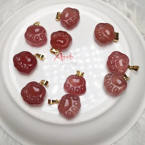 Pendentif Patte de Chat en Cristal de Fraise Naturel Avec Fermoir en Alliage Plaqué Or Bijoux pour Femmes Filles Cadeau