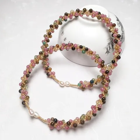 Multicolor Natural Tourmaline Beads Handmade 14K Gold Filled Woven Bangle Bracelet With Artificial Pearl For Women Jewelry Gift