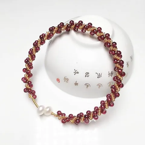 Handmade Garnet Bracelet With 14K Gold Filled Wire Wrapped Design And White Artificial Pearl Accents Retro Ethnic Women Jewelry