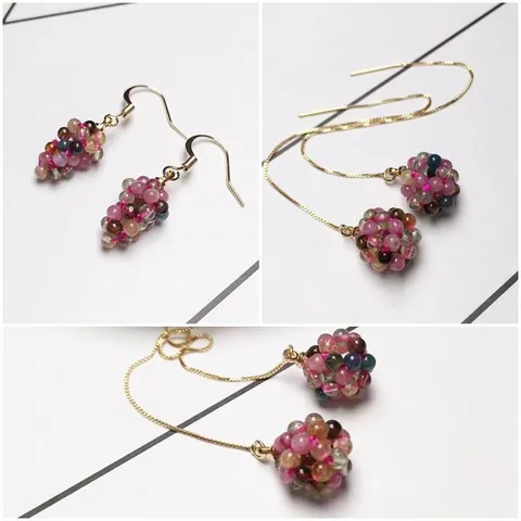 Natural Tourmaline Grape Drop Earrings Multi Color Cluster Ball Ear Thread For Women Handmade Jewelry Gift