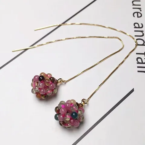 Natural Tourmaline Grape Drop Earrings Multi Color Cluster Ball Ear Thread For Women Handmade Jewelry Gift