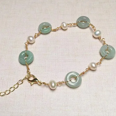 Natural Freshwater Pearl Emerald Pi Disc Bracelet 14K Gold Filled Hand Wrapped Adjustable Hand Chain Oriental Jewelry For Women