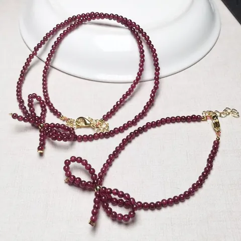 Natural Wine Red Garnet Beaded Necklace Bowknot Bracelet Retro Elegant Original Design Handmade Stone Jewelry For Women