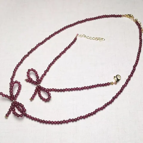 Natural Wine Red Garnet Beaded Necklace Bowknot Bracelet Retro Elegant Original Design Handmade Stone Jewelry For Women