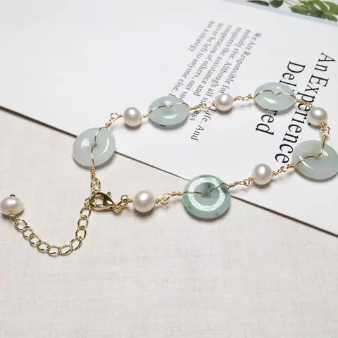 Natural Freshwater Pearl Emerald Pi Disc Bracelet 14K Gold Filled Hand Wrapped Adjustable Hand Chain Oriental Jewelry For Women