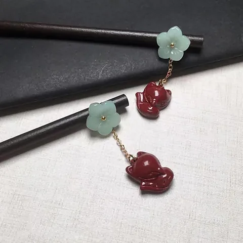 Antik Chinesischer Stil Zinnober Fuchs Haarstab Handgefertigter Holzhaarnadel Mit Blumenanhänger Für Damen Vintage Ethno Schmuck