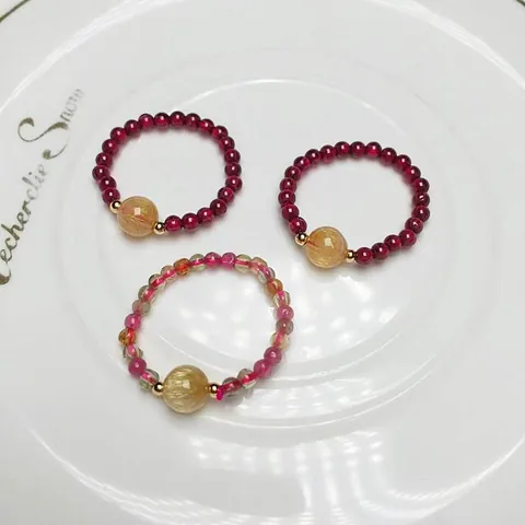 Natural Garnet Tourmaline Rutilated Quartz Beaded Ring Elastic Adjustable Finger Ring Women Handmade Crystal Jewelry Gift