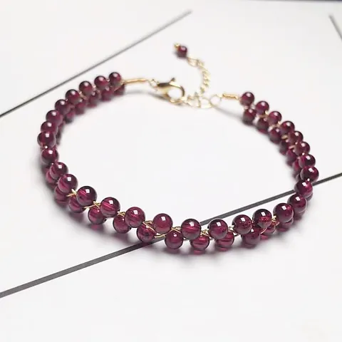 Natural Wine Red Garnet Black Spinel Beaded Bracelet Necklace With 14K Gold Filled Wire 18K Gold Plated Clasp Handmade Woven Jewelry For Women