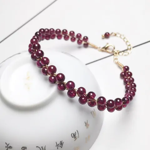 Natural Wine Red Garnet Black Spinel Beaded Bracelet Necklace With 14K Gold Filled Wire 18K Gold Plated Clasp Handmade Woven Jewelry For Women