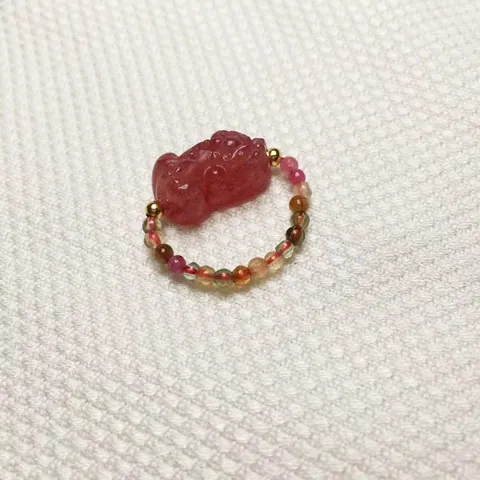 Natural Garnet Tourmaline Beaded Ring With Strawberry Crystal Pixiu Carving Lucky Charm Hand Jewelry Gift For Women