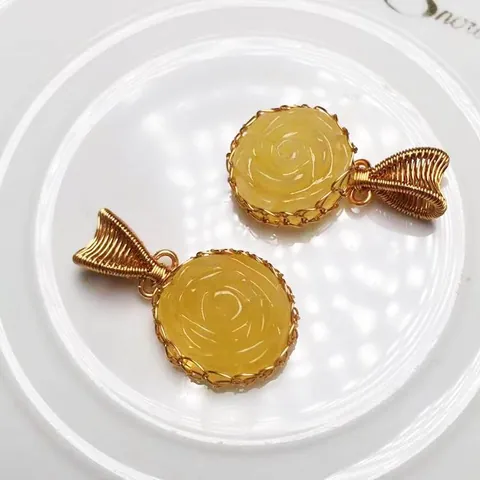 Vintage Handgemaakte 14K Gold Filled Draad Omwikkelde Barnsteen Roos Bloem Verstelbare Open Ring En Hanger Ketting Sieraden