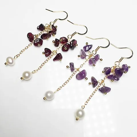 Boucles d'Oreilles Pendantes en Éclats de Cristal Naturel Avec Perle d'Eau Douce Crochet en Cuivre Plaqué Or 14K Améthyste Quartz Rose Grenat Bijoux Femme