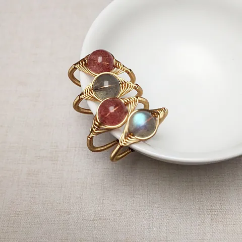 Handgefertigt 14K Goldgefüllt Drahtgewickelt Natur Erdbeerquarz Labradorit Offen Verstellbarer Ring Für Damen Vintage Schmuck