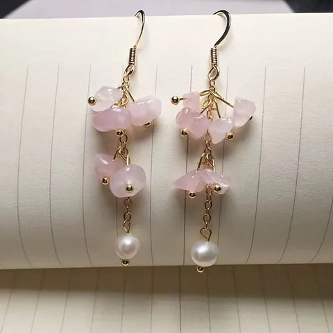Boucles d'Oreilles Pendantes en Éclats de Cristal Naturel Avec Perle d'Eau Douce Crochet en Cuivre Plaqué Or 14K Améthyste Quartz Rose Grenat Bijoux Femme