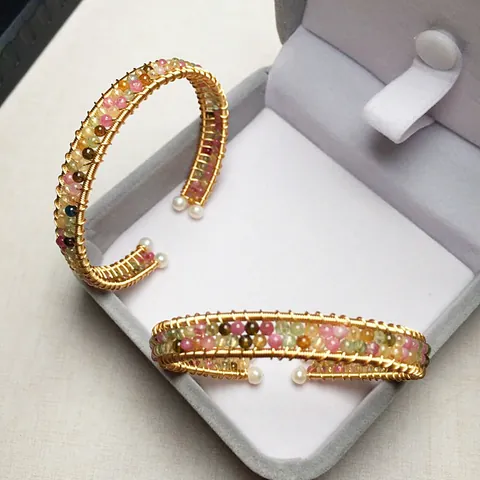 Natural Tourmaline 14K Gold Filled Wire Wrapped Bracelet With Freshwater Pearl Ends Handmade Multicolor Stone Cuff Bangle For Women