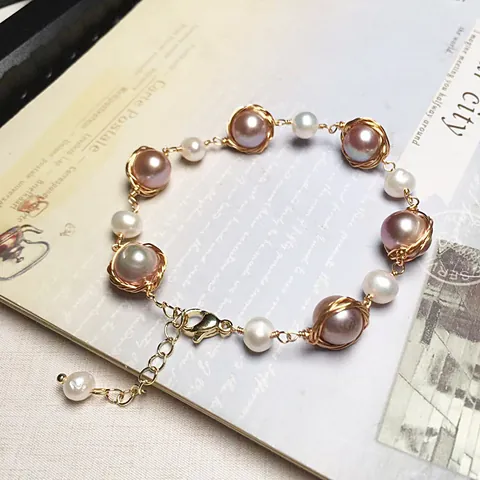 Handmade Natural Freshwater Pearl Bracelet For Women 14K Gold Filled Wire Wrapped Bird's Nest Design Adjustable Jewelry