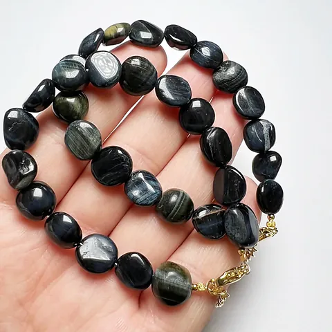Pulsera de Piedra en Bruto Natural Lleno de Oro de 14K Cuarzo Rutilado Negro Ojo de Tigre Azul Joyas de Cristal para Mujer