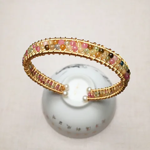 Natural Tourmaline 14K Gold Filled Wire Wrapped Bracelet With Freshwater Pearl Ends Handmade Multicolor Stone Cuff Bangle For Women