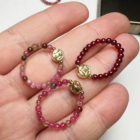Natural Garnet Tourmaline Beaded Ring 14K Gold Plated Copper Elastic Handmade Jewelry With Ancient Coin Charm For Women