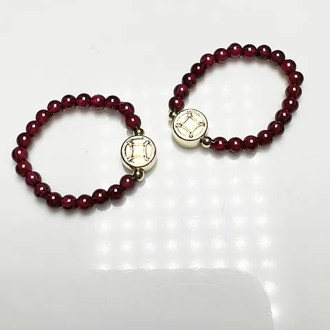 Natural Garnet Tourmaline Beaded Ring 14K Gold Plated Copper Elastic Handmade Jewelry With Ancient Coin Charm For Women