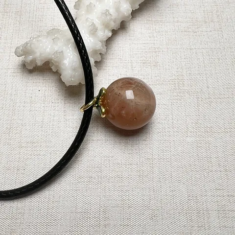 Natural Sunstone Crystal Bead Pendant Necklace With Copper Alloy Enamel Leaf Cap And Black Leather Cord Women Jewelry Gift