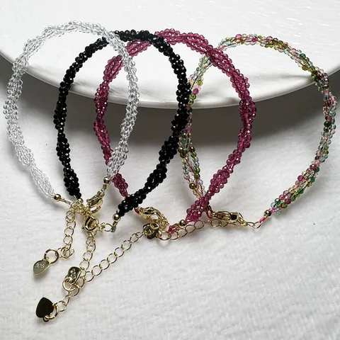 Minimalist Woven Micro Faceted Spinel Bracelet For Women With 925 Sterling Silver Clasp Heart Charm Adjustable Gift Jewelry