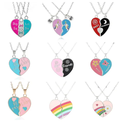 Enamel Heart Stitching Pendant Necklace Alloy BFF Friendship Best Friends Jewelry For Girls Teens Women Gift