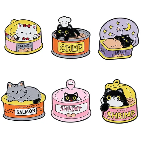 Creative Cartoon Cat Canned Food Metal Enamel Brooch Pin Cute Zinc Alloy Animal Badge Salmon Shrimp Meat Chef Clothing Jewelry
