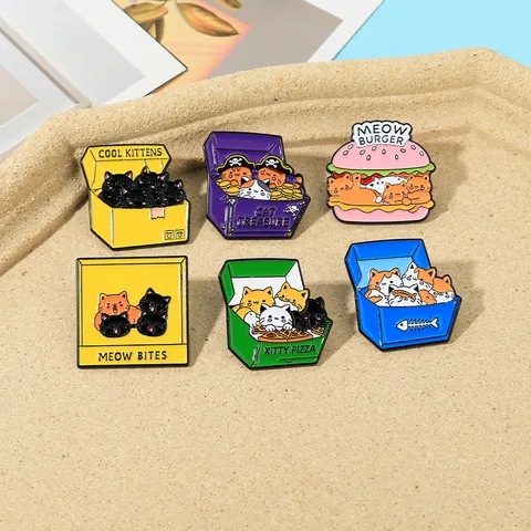 Cute Cartoon Cat Enamel Pin Brooch Alloy Painted Kitty Burger Pizza Treasure Box Badge For Backpack Clothes Accessories Jewelry