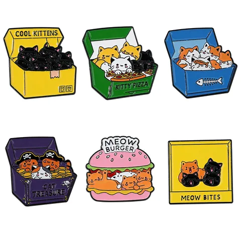 Cute Cartoon Cat Enamel Pin Brooch Alloy Painted Kitty Burger Pizza Treasure Box Badge For Backpack Clothes Accessories Jewelry