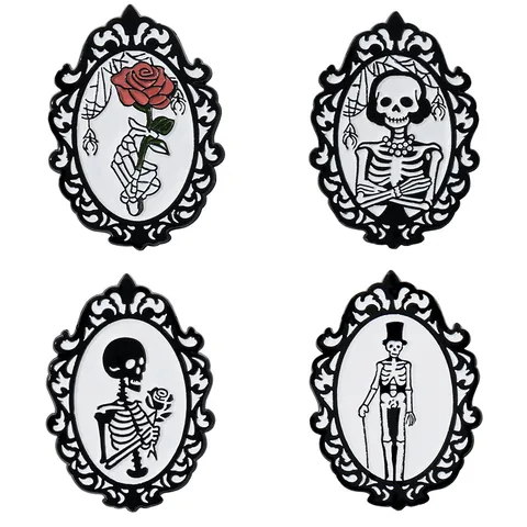 Gothic Vintage Totenkopf Rose Emaille Pin Badge Dunkler Viktorianischer Rahmen Skelett Hand Rose Brosche Halloween Schmuck