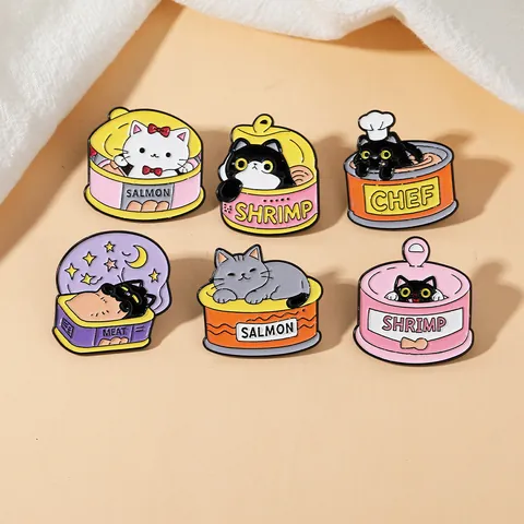 Creative Cartoon Cat Canned Food Metal Enamel Brooch Pin Cute Zinc Alloy Animal Badge Salmon Shrimp Meat Chef Clothing Jewelry