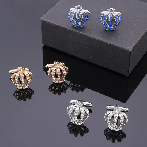 Elegant Rhinestone Crown Cufflinks For Men Alloy Crystal French Shirt Cufflinks Gold Silver Blue Jewelry For Wedding Banquet Party