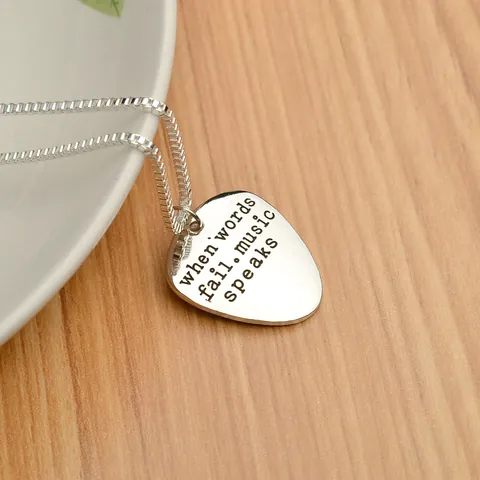 Music Speaks Guitar Pick Pendant Necklace Inscribed Inspirational Quote Alloy Jewelry Snake Chain For Men Women Gift
