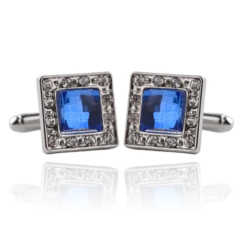 Boutons de Manchette Carrés en Alliage Strass pour Hommes Boutons de Manchette de Luxe Gemme Bleue Cristal pour Costume de Mariage Fête Cadeau