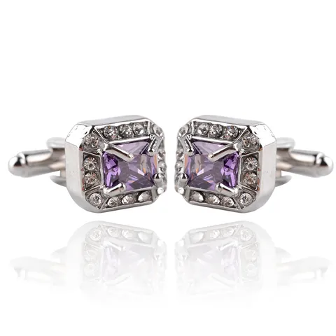 Boutons de Manchette de Luxe Carrés pour Hommes Affaires Alliage de Zinc Zircon Violet Strass Argent pour Chemise Costume