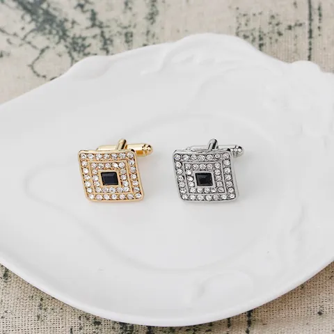 French Square Cufflinks Gold Silver Plated Alloy Rhinestone Inlaid Geometric Shirt Accessories For Men Business Wedding