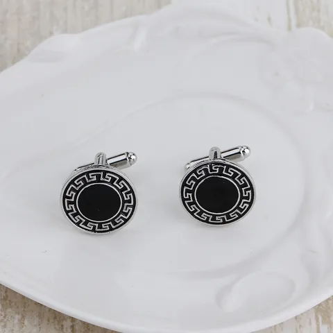 Boutons de Manchette Ronds Classiques pour Hommes Alliage Argent Noir Émail Motif Méandre Chemise Formelle Bijoux