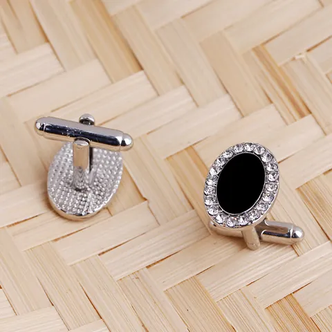 Boutons de Manchette Hommes Affaires Alliage de Zinc Argent Noir Strass Ovale Chemise Française Mariage Fête Formelle Bijoux Accessoires Cadeau