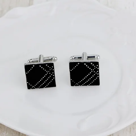 Men Square Alloy Cufflinks Geometric Grid Pattern Shirt Cuff Links Black Silver Plated Fashion Business Banquet Suit Accessories
