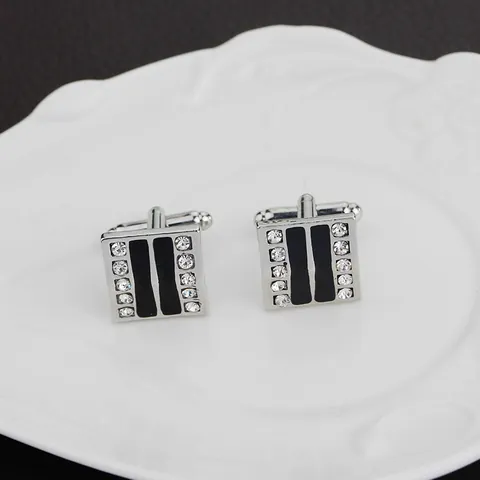 Boutons de Manchette de Luxe Carrés en Alliage avec Strass Argent Noir Émail à Rayures Bijoux pour Chemise d'Affaires